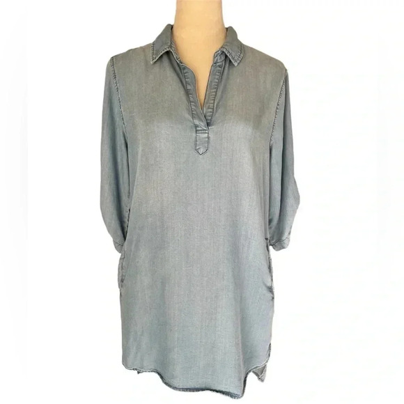 Thread & Supply Medium 3/4 Sleeve Chambray Shirt Dress Tunic Denim Blue Pockets - Picture 3 of 8